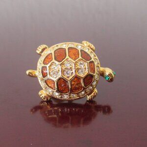 VTG Small Tortoise Turtle Enamel Gold Plated Embellished w/ Crystals Brooch Pin